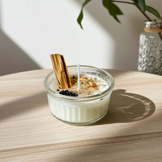 Candela artigianale con cera d'api alla vaniglia con palo santo e granelli d'incenso pontificato